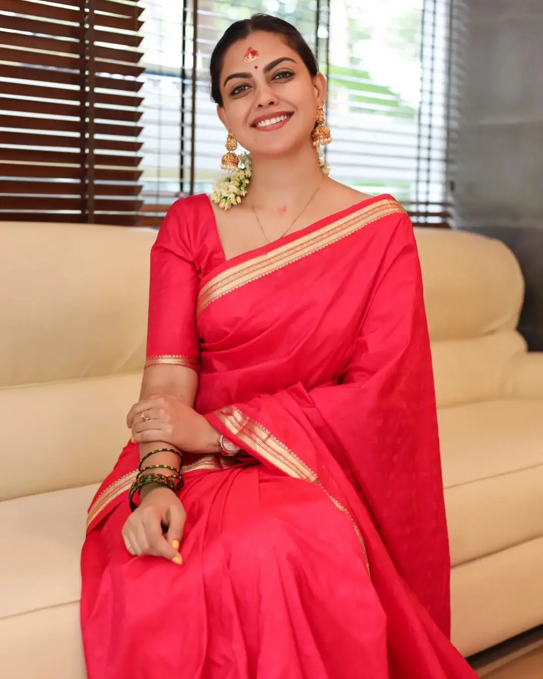 Anusree Nair In Beautiful Earrings Jewellery Red Saree Blouse